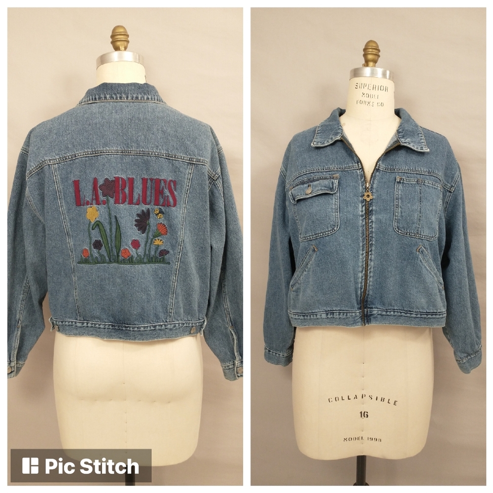 Vintage Denim Jacket L.A. Blues Embroidered Short lk Crop Plus Size 23/24 XL Zip